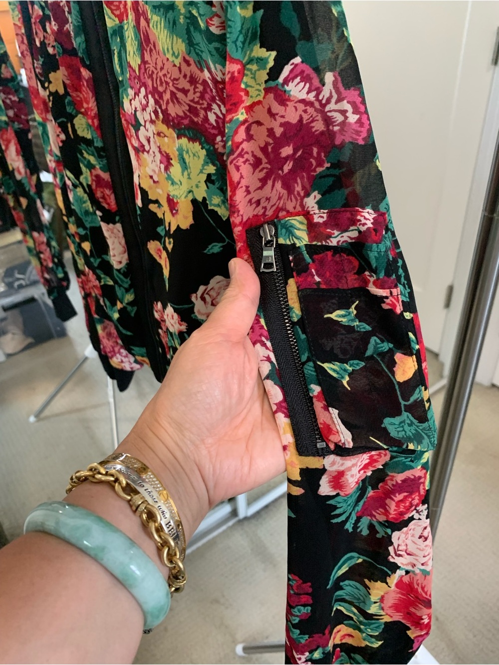 BCBGMaxAzria Black Floral Top / Bomber Jacket with Multicolor Blooms, Small - Picture 3 of 9